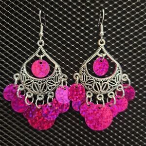 Antique silver and fuchsia holographic sequin chandelier earrings